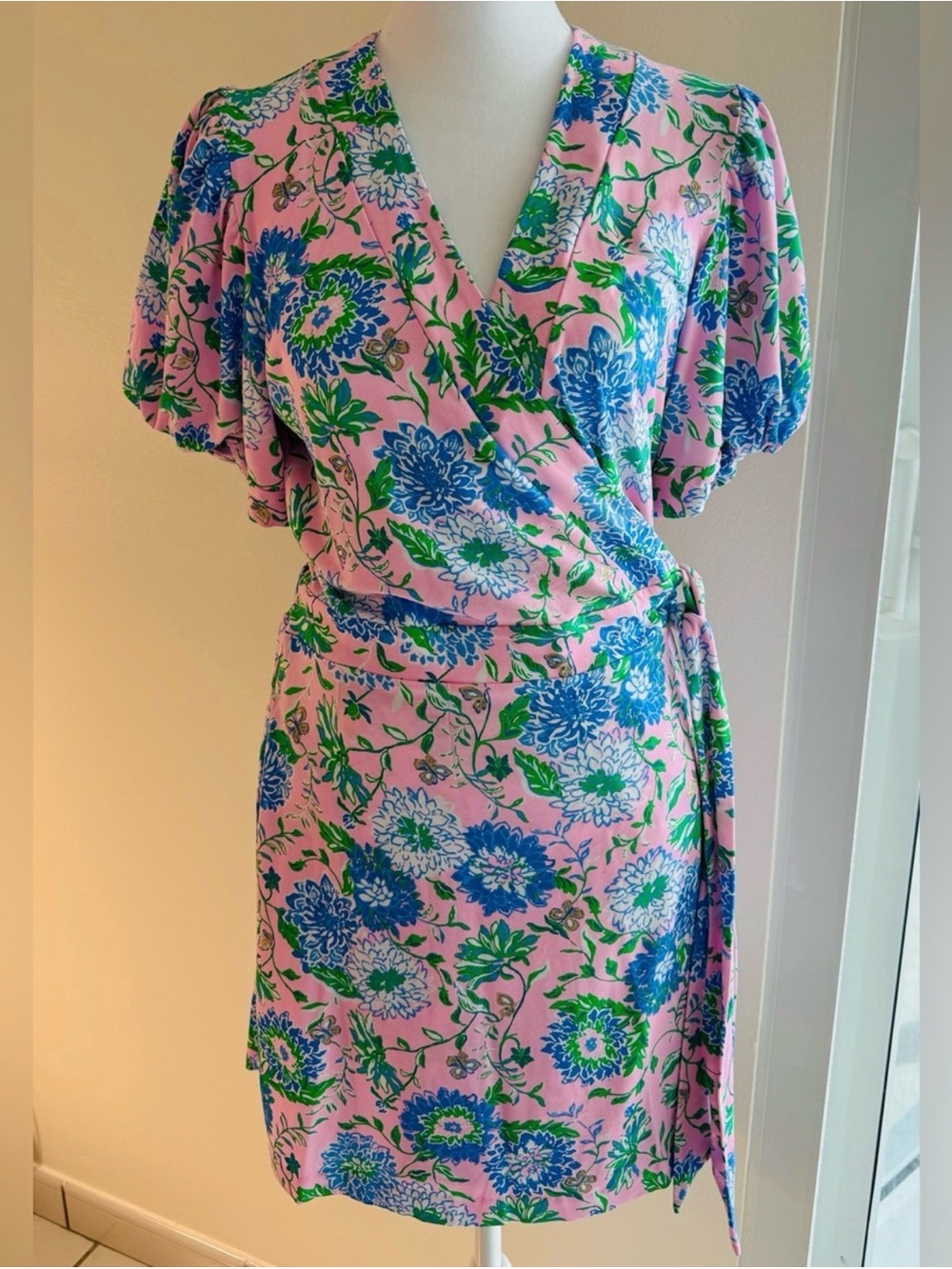 Lily Pulitzer Floral Wrap Dress in Pink with Blue & Green Print
